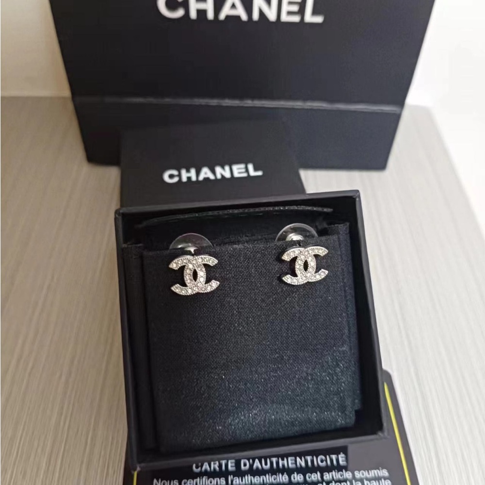CHANEL Sparkling Silver Logo Studs